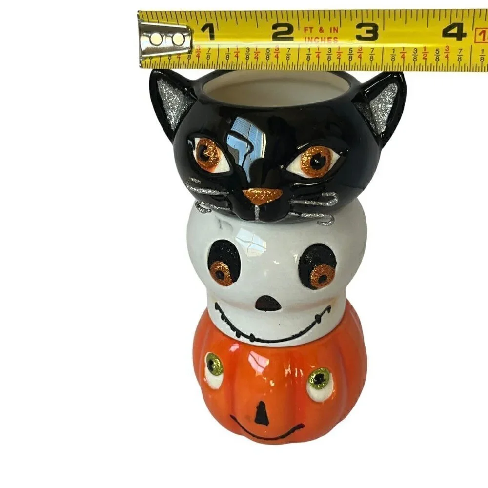 Hallmark Spooky Tea Light Candle Holder Set Cat Pumpkin Skull Figural Halloween